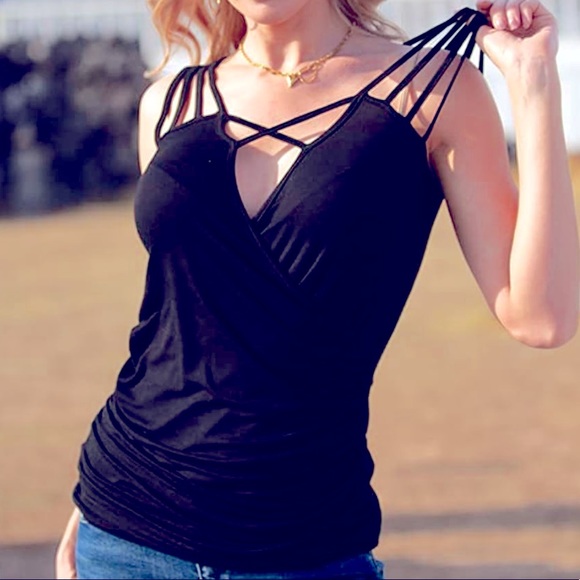 COPY - Women's Plus V Neck Criss Cross Caged Ruched Tank Top XL & XXL - Picture 3 of 6